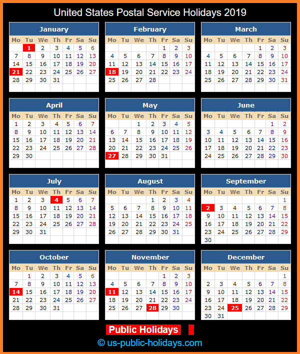 United States Postal Service Holiday Calendar 2019